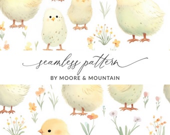 Seamless Easter Chick Pattern, Spring Baby Chick Seamless Easter Pattern, Cute Baby Chicks, Watercolor Chicks Background