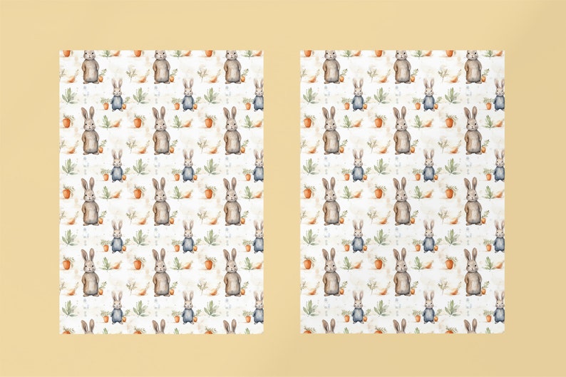 May include: A seamless pattern featuring watercolor illustrations of brown rabbits wearing blue overalls, green leaves, and orange carrots on a white background.