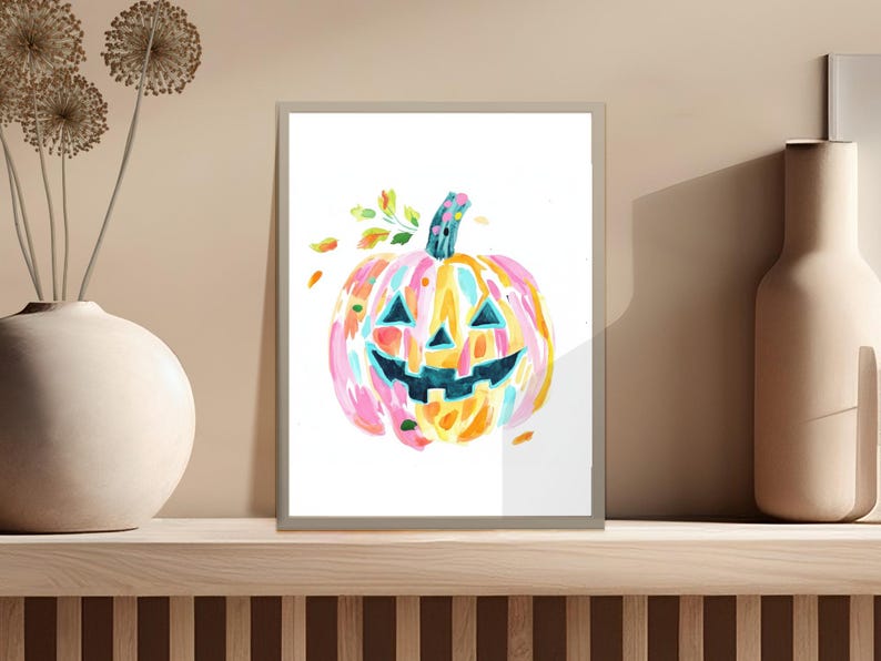 Colorful Pumpkin Wall Art, Halloween Decor Print, Fall Seasonal Artwork, Unique Pumpkin Illustration Poster, Vibrant Autumn Artwork