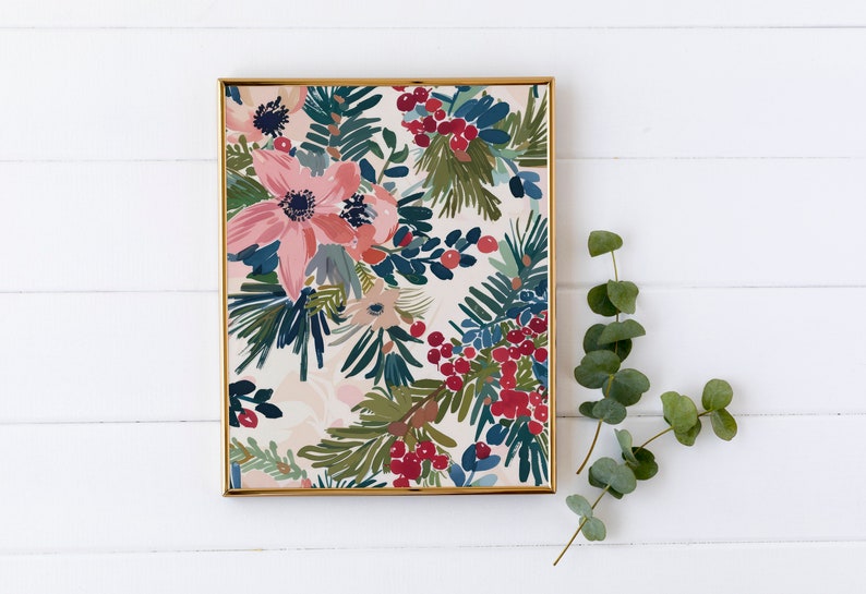 May include: A framed print with a floral pattern featuring pink flowers, green leaves, and red berries on a white background.