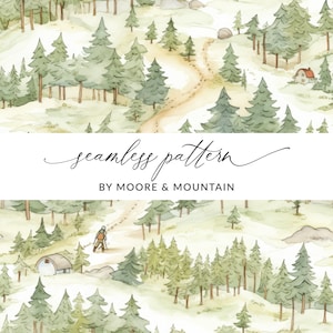 Puede incluir: Un patrón sin costuras de acuarela que presenta un camino sinuoso a través de un bosque con árboles verdes, una pequeña casa y un excursionista. El texto "seamless pattern by Moore & Mountain" está en la parte inferior de la imagen.