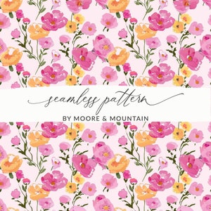 Seamless Girly Pattern for Little Girls, Light Pink Floral Pattern, Pink Flower Stems Background for Commercial Use, Textile Design, Blooms