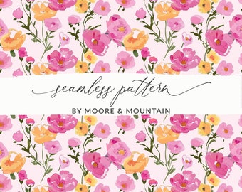 Seamless Girly Pattern for Little Girls, Light Pink Floral Pattern, Pink Flower Stems Background for Commercial Use, Textile Design, Blooms