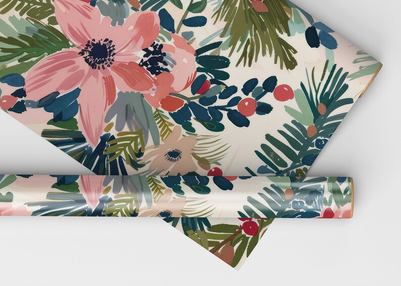 May include: A roll of wrapping paper with a floral pattern featuring pink, red, and blue flowers, green leaves, and red berries on a white background.