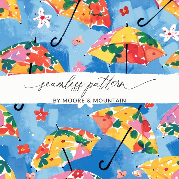 Seamless Spring Background, Seamless Umbrella Pattern, Watercolor Umbrellas Seamless Background Pattern for Commercial Use, Textile Design