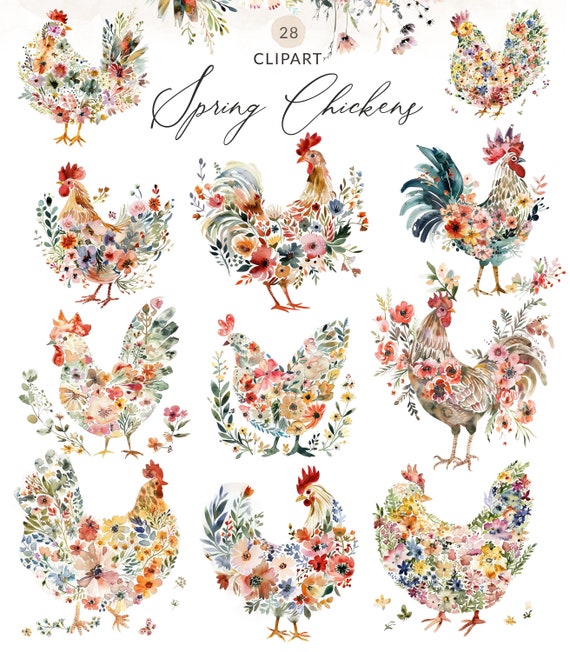 Watercolor Chickens Clipart Set, Painted Chicken Clip Art PNG Images, Rooster Clip Art, Floral Chickens Made of Flowers, Flower Rooster