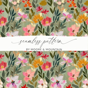 Padrão floral verde sálvia Padrão floral abstrato acrílico sem costura, Padrão de fundo floral de outono PNG, Design floral pictórico para tecido