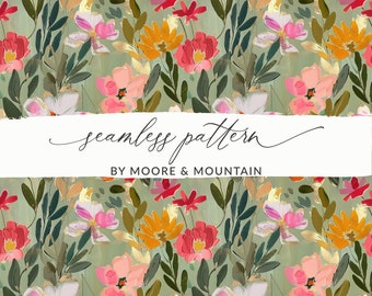 Sage Green Floral Pattern Acrylic Floral Abstract Seamless Pattern, Autumn Floral Background Pattern PNG, Painterly Floral Design for Fabric