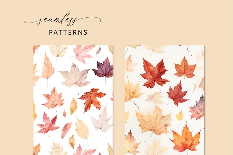 May include: Two seamless patterns featuring watercolour illustrations of autumn leaves in shades of red, orange, yellow, and brown. The leaves are scattered on a white background.