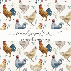 Fond transparent de poulet, Motif de poulets peints, Papier numérique aquarelle de poulet, Fond transparent de coq peint, Propriété familiale