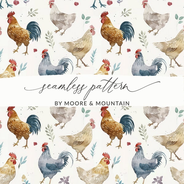 Seamless Chicken Background, Painted Chickens Pattern, Watercolor Chicken Digital Paper, Painted Rooster Seamless Background, Homesteading