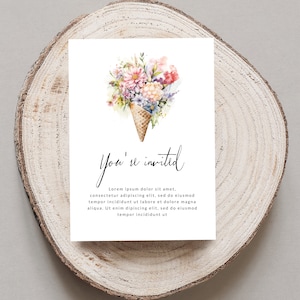 May include: A white card with the text "You're invited" in black script. The card features a watercolour illustration of a waffle cone filled with colourful flowers.