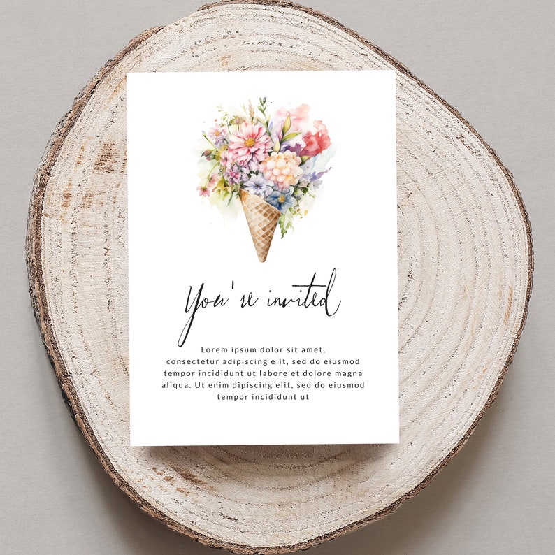 May include: A white card with the text "You're invited" in black script. The card features a watercolour illustration of a waffle cone filled with colourful flowers.