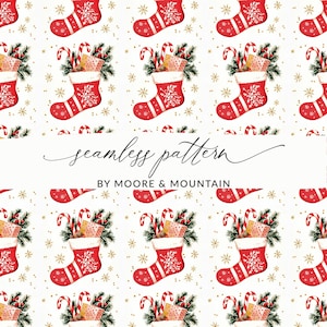 May include: A seamless pattern featuring red Christmas stockings filled with presents, candy canes, and greenery. The background is white with gold glitter stars.