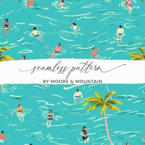 May include: A seamless pattern featuring people swimming in a turquoise blue ocean with palm trees. The text "seamless pattern by Moore & Mountain" is displayed on a white banner.