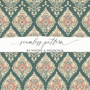 May include: Seamless pattern in teal, cream, and coral. The design features a repeating floral motif with a stylized, symmetrical layout. The text "seamless pattern" and "BY MOORE & MOUNTAIN" are displayed on a white banner.
