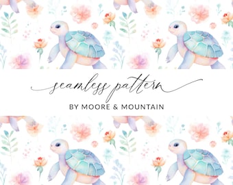 Purple Seamless Turtle Pattern, Pastel Turtle Seamless Background, Cute Watercolor Turtle Seamless Design for Surface Pattern,Commercial Use