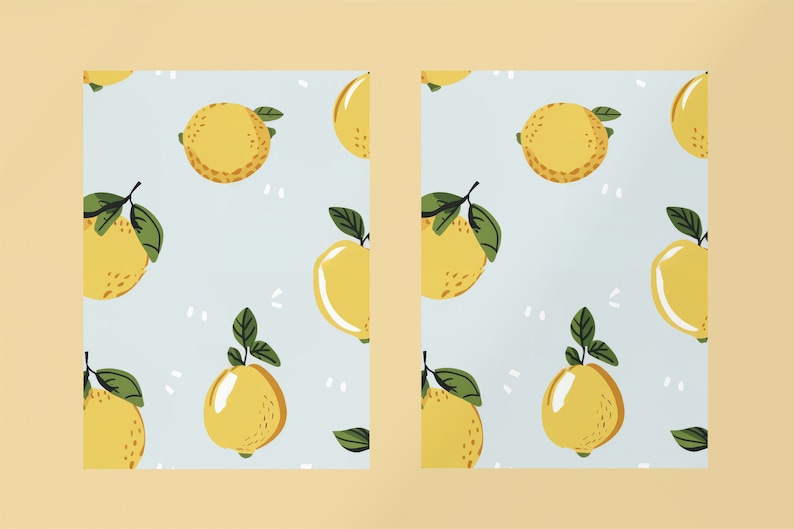 Puede incluir: Dos tarjetas azules con un patr&oacute;n repetido de limones amarillos con hojas verdes sobre un fondo azul claro.