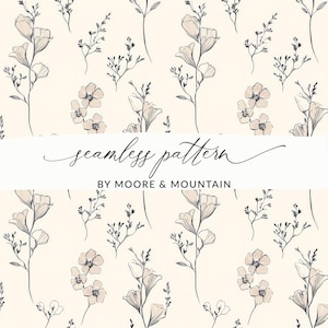 Puede incluir: Un patrón sin costuras que presenta delicados dibujos en línea negra de flores y hojas sobre un fondo crema. El texto "seamless pattern" y "BY MOORE & MOUNTAIN" está incluido en el diseño.