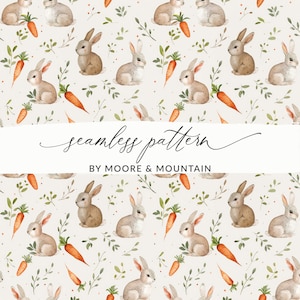 Könnte beinhalten: Ein nahtloses Muster mit Aquarell-Illustrationen von Hasen und Karotten auf einem hellbeigen Hintergrund. Das Muster ist perfekt, um ein skurriles und charmantes Design für Stoffe, Tapeten oder andere kreative Projekte zu erstellen.