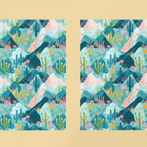 May include: A seamless pattern featuring a desert landscape with cacti, mountains, and flowers in shades of blue, green, pink, and yellow.