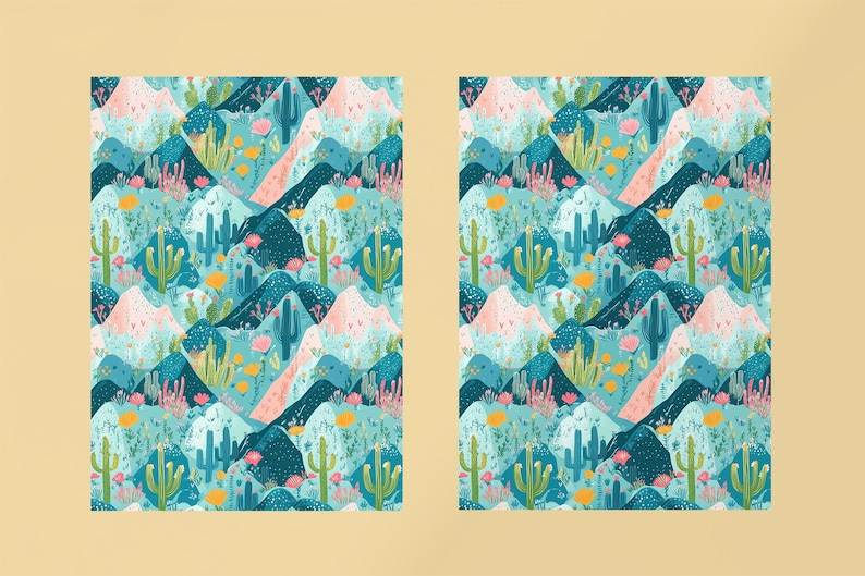 May include: A seamless pattern featuring a desert landscape with cacti, mountains, and flowers in shades of blue, green, pink, and yellow.