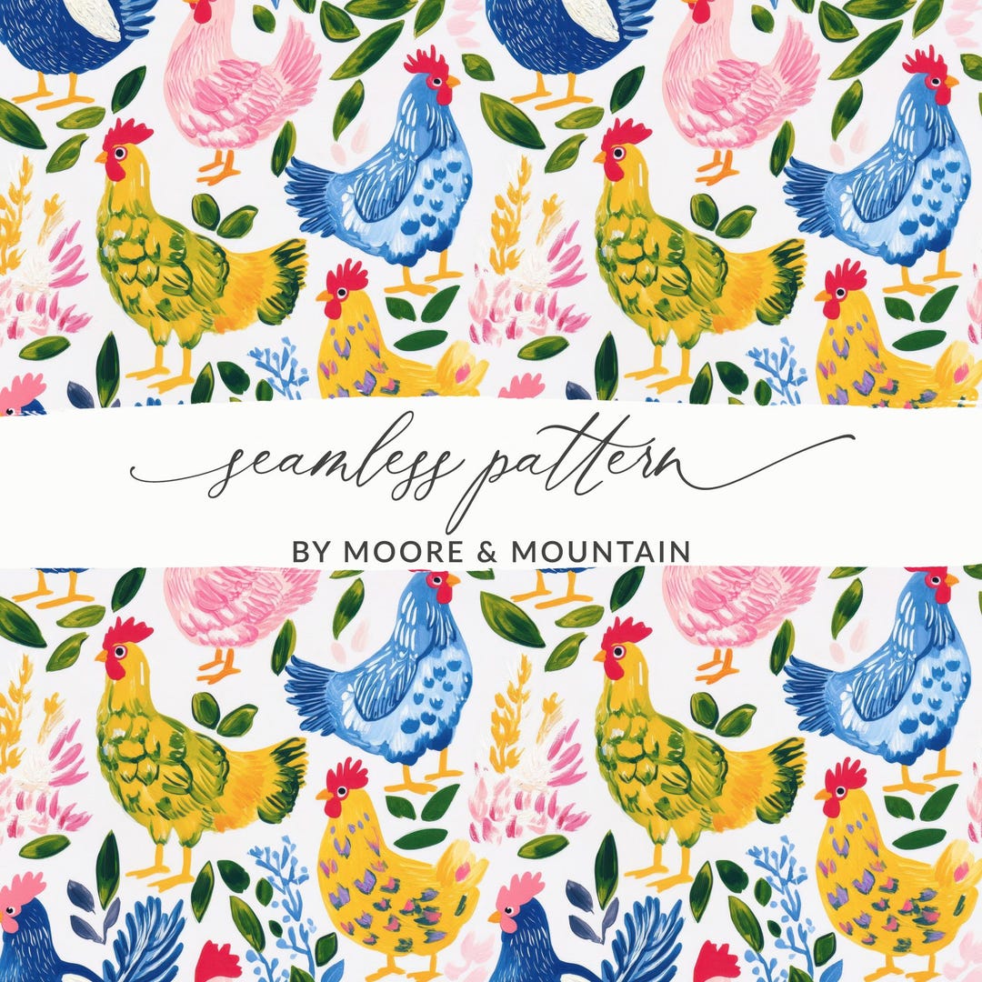 Chicken Pattern Digital Farmhouse Chicken Digital Paper, Colorful Rooster Seamless Pattern ...