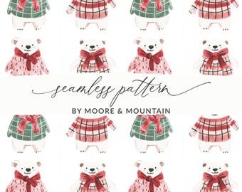 May include: A seamless pattern of watercolour polar bears in sweaters and scarves. The bears are depicted in various poses, with red, green, and pink accents. The text "seamless pattern" and "BY MOORE & MOUNTAIN" are also visible.