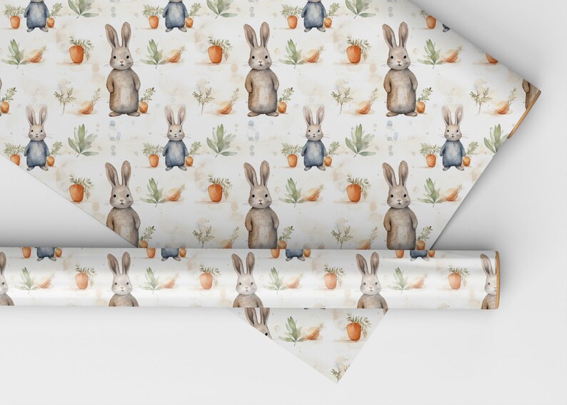May include: White wrapping paper with a repeating pattern of brown rabbits, green leaves, and orange carrots.