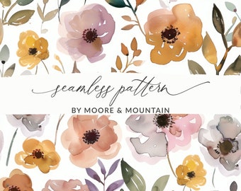 Wet Watercolor Blooms Seamless Pattern, Earth Toned Watercolor Floral Impressionistic Blooms, Simple Watercolor Floral, Loose Watercolor