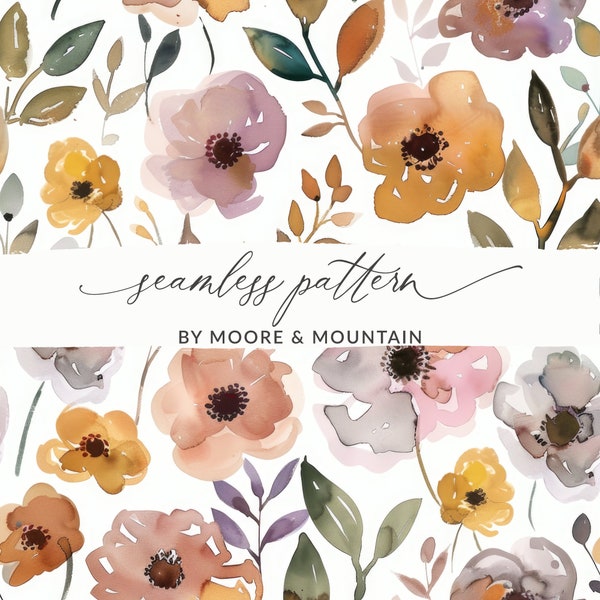 Wet Watercolor Blooms Seamless Pattern, Earth Toned Watercolor Floral Impressionistic Blooms, Simple Watercolor Floral, Loose Watercolor
