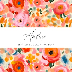 Könnte beinhalten: Ein nahtloses Muster mit abstrakten Blumenformen in Rosa-, Orange-, Gelb- und Blautönen. Das Muster ist im Gouache-Stil gemalt und hat einen verspielten, modernen Look.