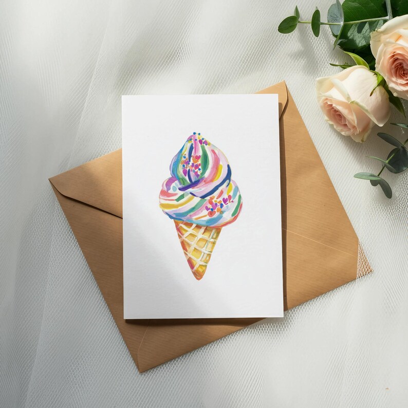 Rainbow Ice Cream Art Card, Colorful Cone Greeting Card, Unique Ice Cream Print, Blank Note Card, Cute Summer Stationery, Fun Gift Idea