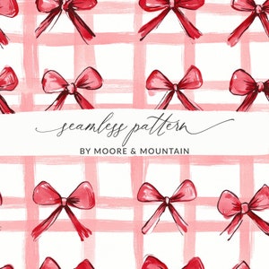 Red Christmas Bows Seamless Pattern PNG Coquette Christmas Background Gingham Pattern With Cute Bows, Red Bow Wallpaper Pattern