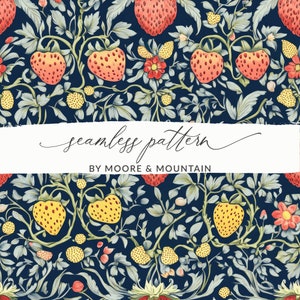 Może przedstawiać: Bezszwowy wzór z truskawkami, kwiatami i liśćmi w kolorach czerwonym, żółtym i zielonym na ciemnoniebieskim tle. Tekst "seamless pattern" i "BY MOORE & MOUNTAIN" jest wyświetlany na białym banerze.