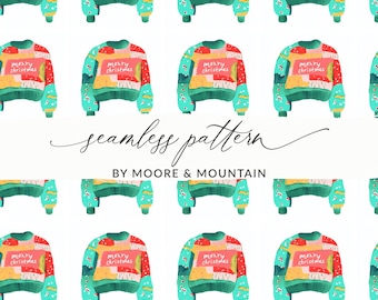 Puede incluir: Patrón sin costuras con coloridos suéteres navideños con la inscripción "Merry Christmas". Los suéteres tienen detalles en rojo, verde, amarillo y azul. También se ve el texto "seamless pattern" y "BY MOORE & MOUNTAIN".