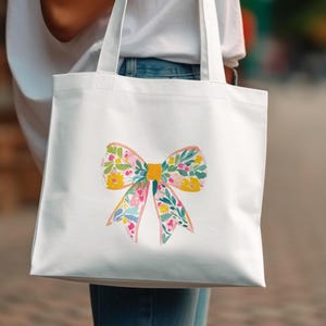 Floral Bow Tote Bag, Eco-Friendly Reusable Bag, Cute Gift for Her, Shopper Bag with Flower Design, Stylish Carryall, Everyday Tote