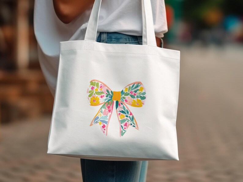 Floral Bow Tote Bag, Eco-Friendly Reusable Bag, Cute Gift for Her, Shopper Bag with Flower Design, Stylish Carryall, Everyday Tote