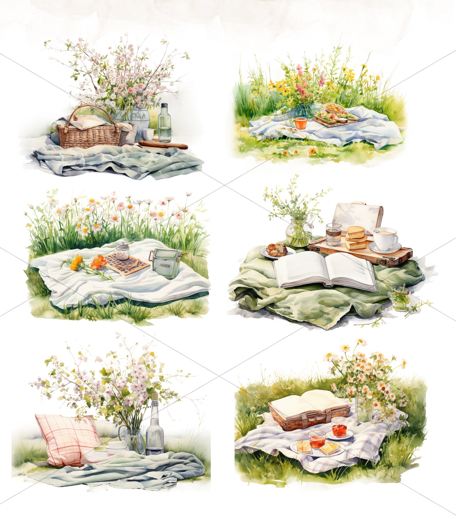 Spring Picnic Graphics Watercolor Picnic Clipart Spring Picnic Scenes, Boho Picnic Clipart ...