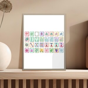 Framed artwork with Mahjong tiles: seasons, winds, and numbered suits.