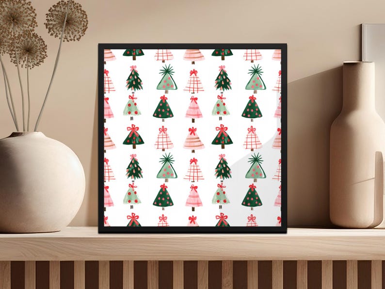 Christmas Wall Art, Holiday Decor Print, Festive Trees and Gifts Pattern, Seasonal Home Decoration, Colorful Poster