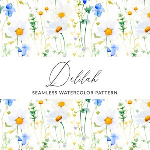 May include: A seamless watercolor pattern featuring white daisies and blue forget-me-nots on a white background. The text "Delilah Seamless Watercolor Pattern" is centered at the bottom of the image.