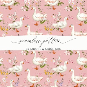 May include: A seamless pattern featuring white ducks and pink flowers on a light pink background. The text "seamless pattern by Moore & Mountain" is displayed at the bottom of the image.
