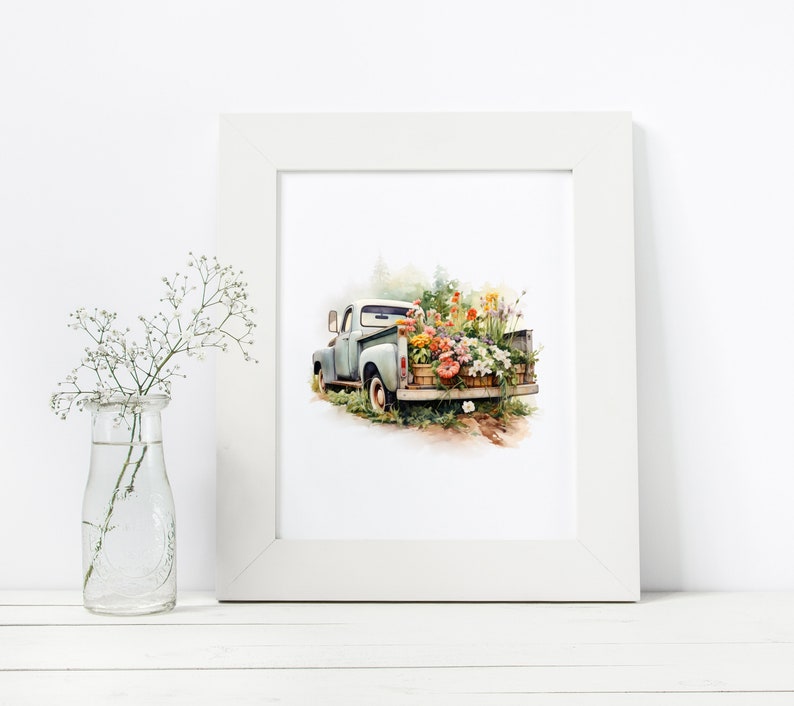May include: A vintage blue pickup truck filled with colorful flowers in baskets. The truck is driving on a dirt road with green trees in the background. The image is painted in a watercolor style.