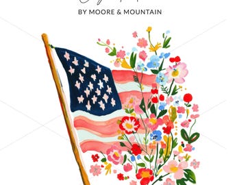 Preppy Floral American Flag Clip Art, USA Patriotic Design, Flower Bouquet PNG SVG File, Instant Download, Memorial Day, 4th of July Digital