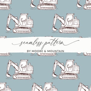 Seamless Construction Equipment Pattern, Cute Backhoe Pattern, Bulldozer Background Pattern, Cute Little Boys Seamless Background