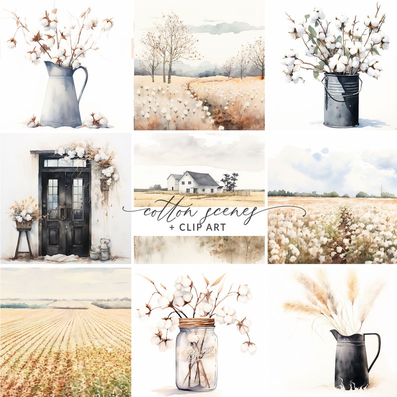 Cotton Clipart and Cotton Field Backgrounds Watercolor Cotton Etsy