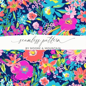 Marine-Blau und Rosa Adrettes Blumenhintergrundmuster, Neon Adrette Blumenhintergrund, Nahtloser Neon Blumen Hintergrund, Neon Ditsy Floral