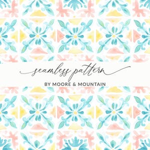 May include: Watercolor seamless pattern in pastel colors. The design features repeating floral and geometric shapes in shades of blue, yellow, and pink on a white background. The text "seamless pattern" and "BY MOORE & MOUNTAIN" are also visible.