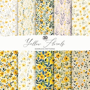 30 modelli di fiori gialli senza soluzione di continuità, stampe di sfondo floreale acquerello giallo senza soluzione di continuità, set di carta digitale con fiori primaverili gialli JPEG